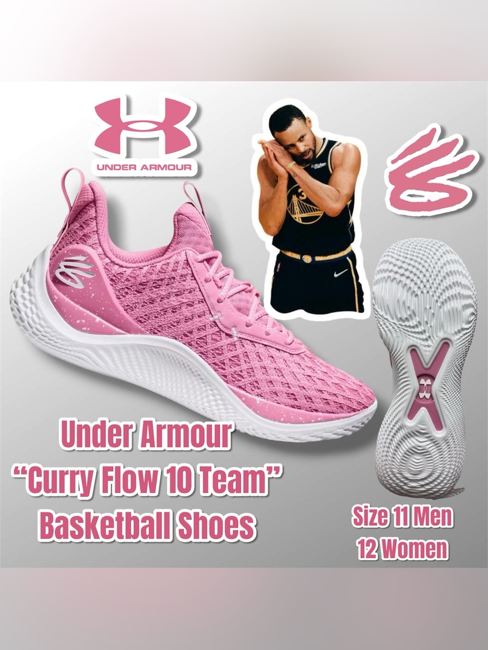 Under Armour “Curry Flow 10 Team” Basketball Shoes.  Men's 11 /Women 12.5 (Pink)
